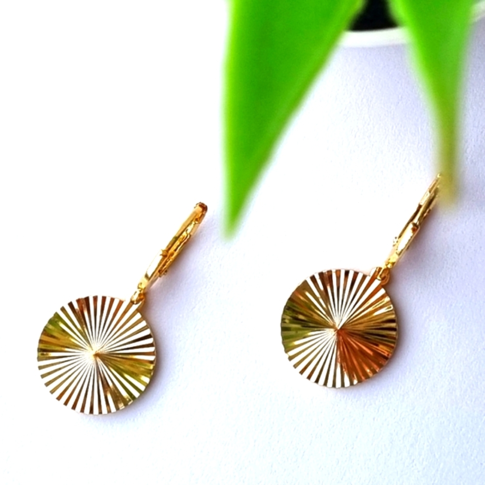 Earrings | Gold Toned | Round, Textured Sunburst | Huggies Hoop Drop Style. 💕 - Picture 3 of 16